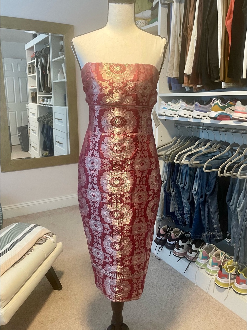 Marchesa Strapless Red and Gold Brocade Sheath Dress